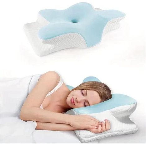 Oreiller orthopédique en mousse à mémoire - Coussin cervical papillon - Soutien du cou - Récupération lente - Confortable - Bleu clair - Idéal pour sommeil profond - Bleu (1/5)