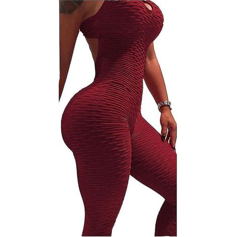 Yoga-Jumpsuit für Damen mit Push-up-Effekt durch gekreuzte Träger, hohem Bund, formt und figurschmeichelnd – ideal für Yoga, Fitness und Fitnessstudio. Farbe: Burgunderrot. (1/4)