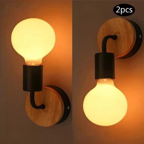 Applique murale rétro en bois (lot de 2) — Lampe de chevet — Lumière chaude (1/3)