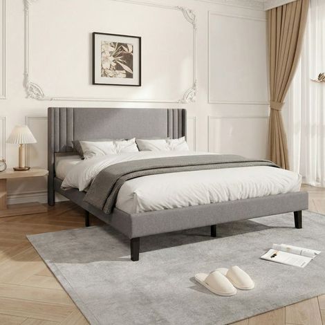 Struttura Letto Matrimoniale 140x190 cm, Testiera in Lino Morbido, Strutture in Metallo e Legno, Grigio