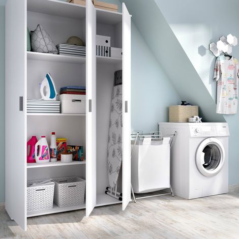 Dmora - Armario multiusos Dmeli, Porta escobas multifuncional, Armario con 3 puertas, 116x35h190 cm, Blanco (1/5)