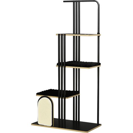 Arbre à chat design industriel 3 plateformes 2 coussins mur à griffer structure acier noir 85 x 48 x 170 cm