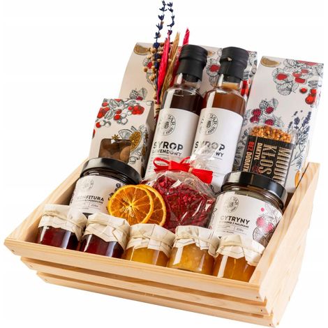 Geschenkkorb-Set mit Tees, Sirupen, Marmeladen, Schokolade, Süßigkeiten und Konfitüren (1/5)
