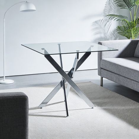 Dining Table with cross metal leg and tempered glass,Modern Space Saving Kitchen Table for Living Room,chrome legs,Square table,silver legs,80x80x75cm