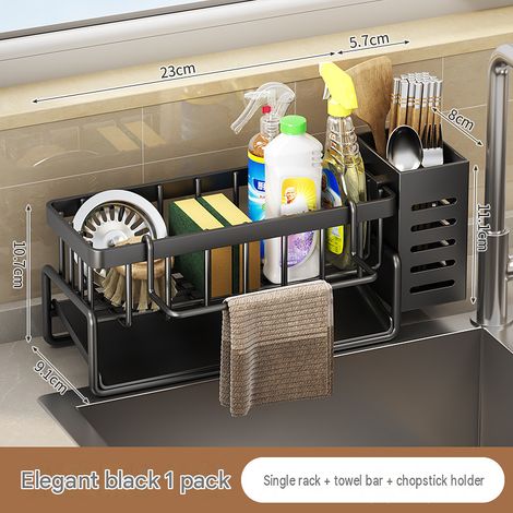 Support d'évier en acier au carbone noir – Étagère de rangement pour cuisine, solide, antirouille et réglable, idéale pour vaisselle et ustensiles. (1/5)