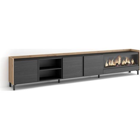 Skraut Home - Mueble TV, Televisión, Muebles de salón, almacenaje, 315x35x61cm, Para TV hasta 80", Chimenea eléctrica XXL, Diseño industrial, Estilo Moderno, Negro y roble (1/5)