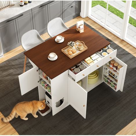 Mesa cocina extensible con cajones y zona mascota blanca OKMYHOME (1/5)