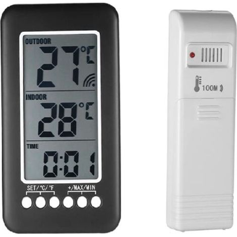 Termometro wireless per interni ed esterni, orologio 2 in 1, termometro LCD ℃ / ℉, termometro digitale per interni/esterni, orologio, misurazione della temperatura con trasmettitore - Crezuo