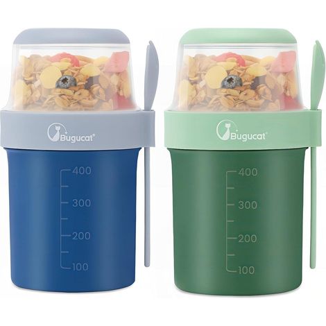 Boîte à céréales et yaourt nomade 2en1 560ml+310ml, lot de 2, bleu et vert (1/5)