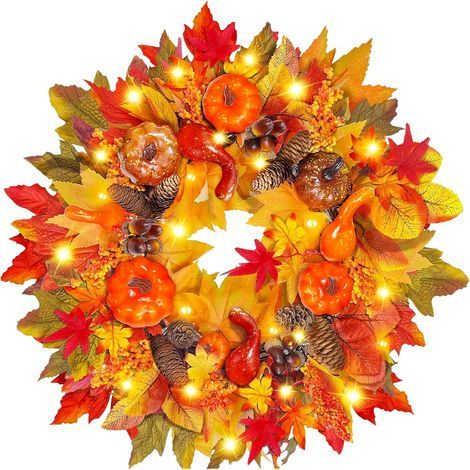 Ghirlanda autunnale per la porta d'ingresso, ghirlanda autunnale artificiale in acero da 50 cm, ghirlanda autunnale di girasoli con luce LED, ghirlanda per l'autunno (1/5)