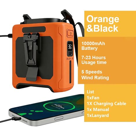 (Orange) Mini ventilateur de ceinture pour le camping, avec lampe LED et batterie externe (1/5)