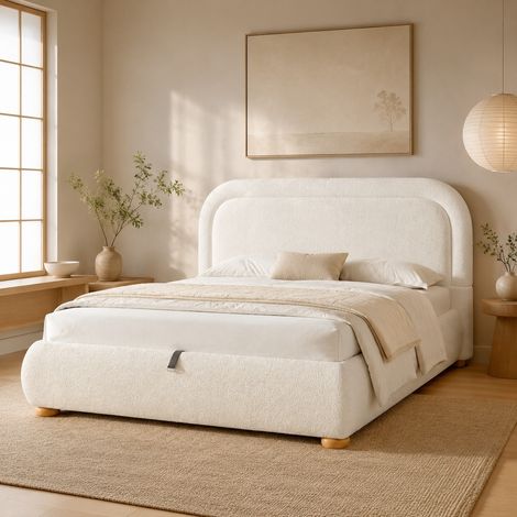 Lit coffre 160x200 cm hydraulique, tête de lit capitonnée, tissu bouclé blanc HAVRYA (1/5)