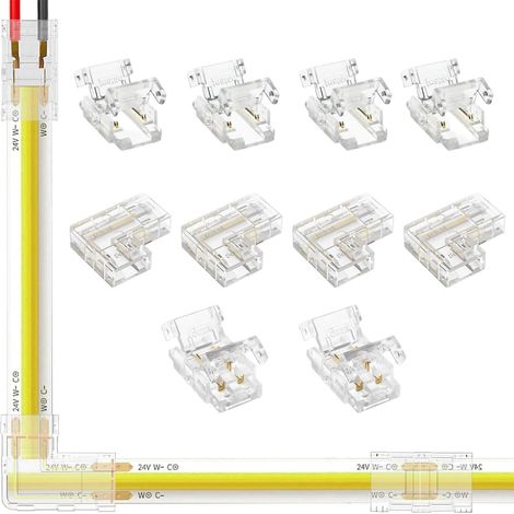 10 Pièces Kit Connecteur Ruban LED COB 2 Broches, Connecteur LED COB 8mm, Raccord Forme L Sans Soudure pour Bande Lumineuse Non Étanche, Transparents (1/5)