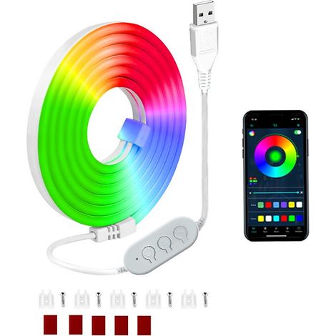 Bande lumineuse néon USB de 4 m - 60 LED/m, commande Bluetooth à 3 boutons, avec 5 clips de fixation