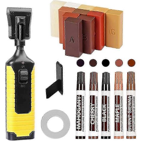 Kit de réparation de sols 25-26, kit de réparation pour sols stratifiés, parquets et vinyles avec stylo chauffant, manuel d'utilisation et marqueur de retouche pour meubles et sols. (1/4)