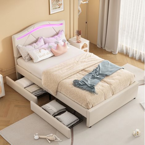 Lit capitonné 90x200 cm avec sommier, 2 tiroirs, LED, tête réglable, beige (1/5)