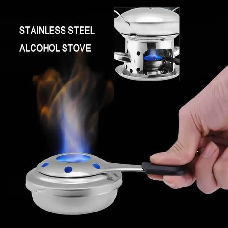 Réchaud à alcool portable en acier inoxydable avec poignée, idéal pour les pique-niques et le camping. (1/4)