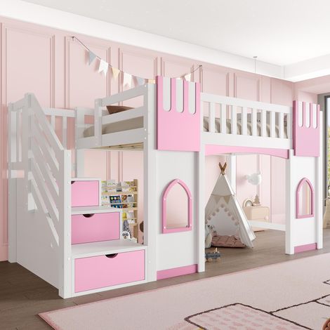Lit mezzanine 90 x 200 cm avec escalier de rangement et fenêtre, blanc et rose, suitable pour chambre adulte