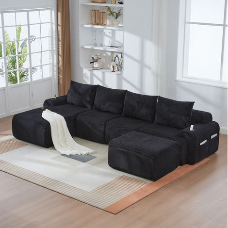 FloraGrace canapé modulaire 4 places, 333 x 174 x 80 cm, velours côtelé noir, 2 repose pieds, porte gobelet (1/5)