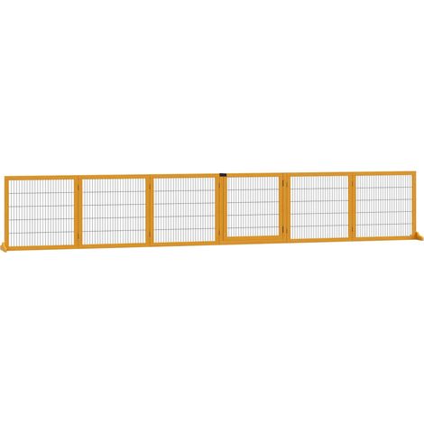 Absperrgitter Hund Verstellbares Schutzgitter mit Füßen 432 x 70 cm Holz Hundegitter Klappbar Treppenschutzgitter Hundeabsperrgitter für Treppen, Türen, Flur, 6 Paneelen, Gelb 