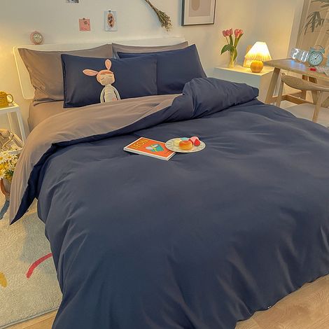 Dicke, gebürstete Baumwoll-Bettwäsche im Studenten-INS-Stil, 4-teiliges Set mit Spannbettlappen für 180x200 cm Bett, Farbe Marineblau und Hellgrau-lsw
