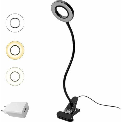 Clamp Desk Lamp 7W LED Table Bed Reading Clip Lamp with Adapter Brightness Adjustment Eye Care for Office and Home 360° Flexible Black (1/5)