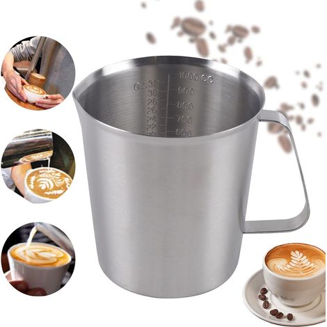 Gobelet doseur en acier inoxydable avec graduation, pot à lait, pichet doseur pour cuisine, café, latte, cappuccino, 1000 ml/1 litre, gobelet doseur + échelles de mesure (1/5)
