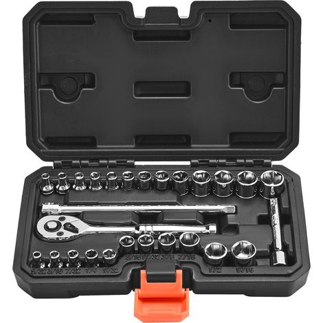 Coffret de 27 douilles avec clé à cliquet et rallonge en acier CR-V pour mécanique auto, système SAE et métrique, rangement pratique (1/5)