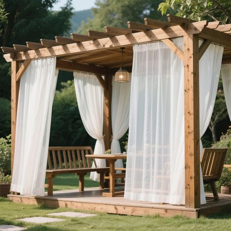 Lot de 2 rideaux d'extérieur imperméables à œillets - 213 x 132 cm (H x l) - En voile imperméable - Pour terrasse, pavillon (1/5)