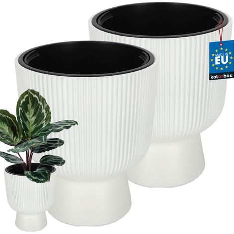 KOTARBAU® Lot de 2 Pot de Fleur - Pot Plastique Plante Ø 29 cm - avec Bac Intérieur - Pot de Jardin - Pot de Fleur Exterieur - H : 36 cm - PVC - Blanc - Nervuré (1/4)