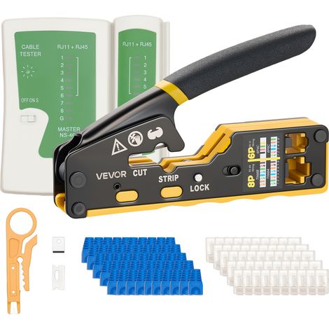 VEVOR Pinza Crimpatrice per Cavi Ethernet RJ45/RJ11/RJ12, Kit di Crimpatura per Connettori Modulari a 4/6/8 pin, con Mini Spelafili 50 Connettori e 50 Guaine, Lame Ricambio e Tester, per Cavi di Rete (1/5)