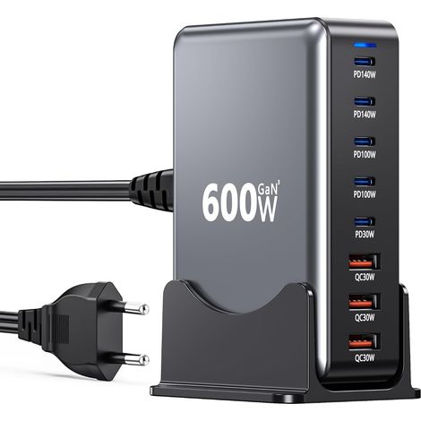 Chargeur USB C 600W GaN,Adaptateur secteur 8 ports multiples Station de charge rapide avec 5 USB-C + 3 USB-A,PD140W Adaptateur secteur chargeur multiple compatible avec Laptop/16 (1/5)