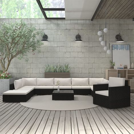 11-tlg. Garten-Lounge-Set mit Auflagen Poly Rattan Schwarz