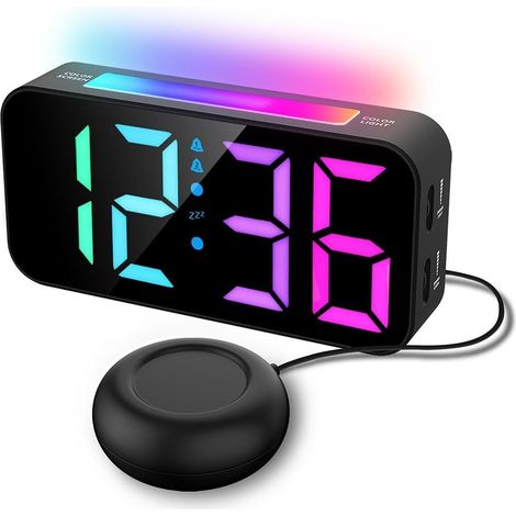 Reloj despertador dual con pantalla LED RGB, función de repetición y modo de vibración para despertares silenciosos, adecuado para usar junto a la cama con brillo ajustable y múltiples niveles de volu (1/4)