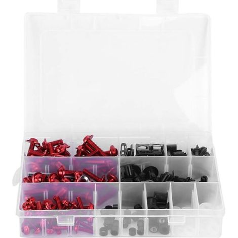 Juego de 223 tornillos, tuercas y arandelas de aluminio M5 y M6 con caja de almacenamiento para reparación de parabrisas, carrocería y motocicletas deportivas (rojo). (1/4)