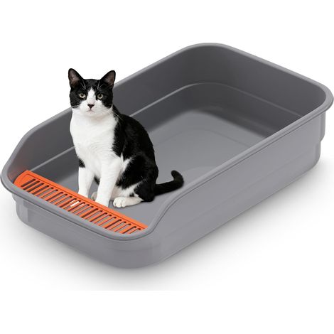XXL Cat Litter Tray, Open Design, High Walls, Anti-Splash Pedal, Leak-Proof, Large Cat Litter Tray, 60 x 40 x 16 cm, for Kittens and Large Cats (Grey)