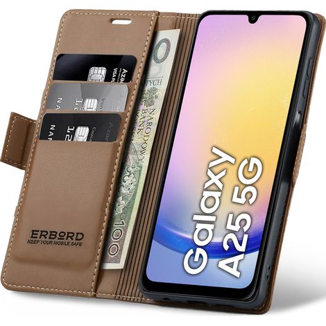 Funda para Samsung Galaxy A25 5G, tipo cartera con tapa, diseño brillante de lichi, color marrón. (1/5)
