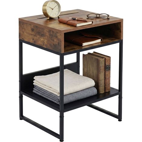 Bedside Table with Phone Holder, 2 Shelves, Dark Brown (1/5)