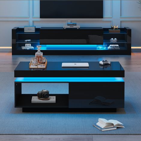 Table basse brillante 100 x 50 x 40cm avec led intégrée, tiroir de rangement et structure élégante (1/5)