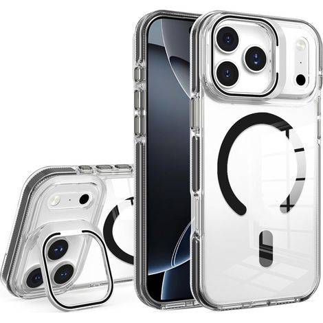 Funda MagSafe para iPhone 17 Pro con soporte, transparente con detalles en negro. (1/5)