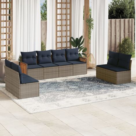 Salon de jardin modulable 8 pièces en rotin PE gris avec coussins bleu marine, 62.8kg - PANGIVO (1/5)
