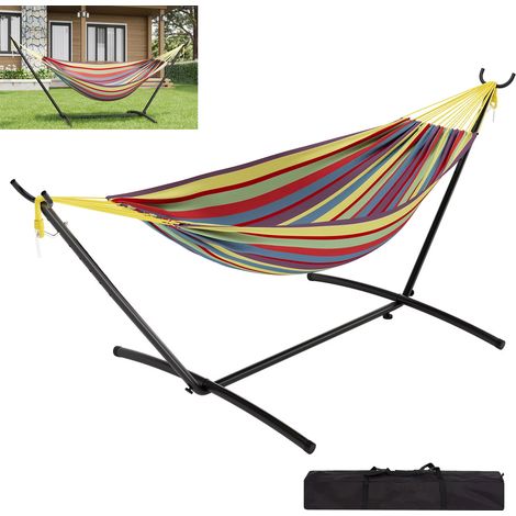 Hamac double portable avec cadre en acier robuste, capacité de charge de 500 lb, inclut un sac de rangement idéal pour les terrasses extérieures et la plage. (Rouge)