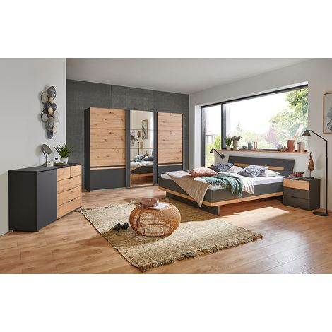 Schlafzimmer Komplett Set GRANADA-43 mit Bett 180x200cm und Schwebetürenschrank in graphit mit Artisan Eiche Nb. (1/5)