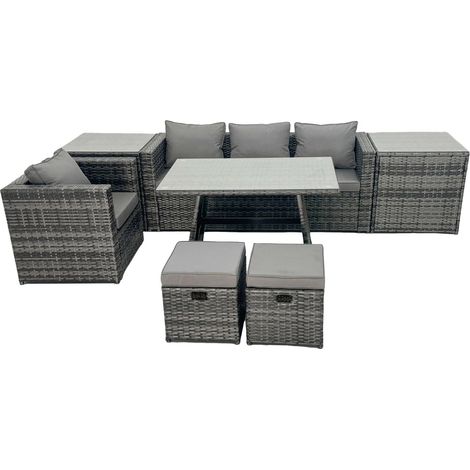 Fimous Rattan Dining Table Sofa Armchair Set with 2 Side Tables 2 Small Footstools Outdoor Garden Furniture Set Dark Grey Mixed (1/5)