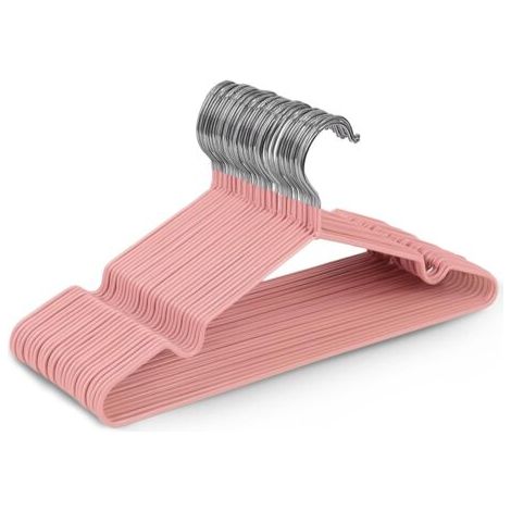 QORVA-Lot de 20 cintres en métal recouvert de caoutchouc rose de haute qualité, 30 x 17 x 0,35 cm, gain de place, adaptés aux armoires