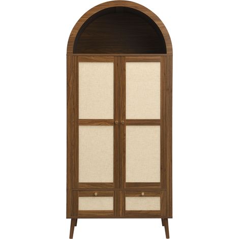 Armadio guardaroba HOMVRA 2 ante e 2 cassetti in MDF, 80 x 55 x 180 cm, effetto noce e rattan beige (1/5)