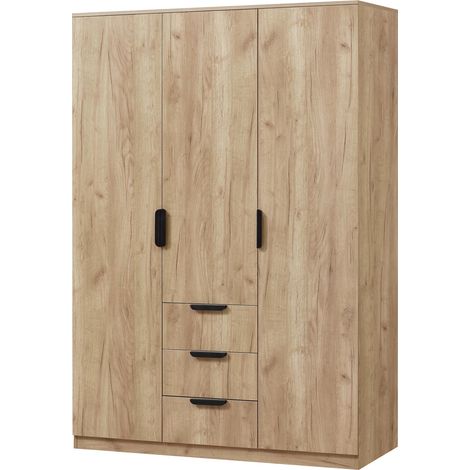 Helloshop26 – Armoire de chambre moderne 3 portes – 2 penderies, 4 étagères, 3 tiroirs – MDF effet chêne – Dimensions 176 x 120 x 52 cm - MDF 176 X