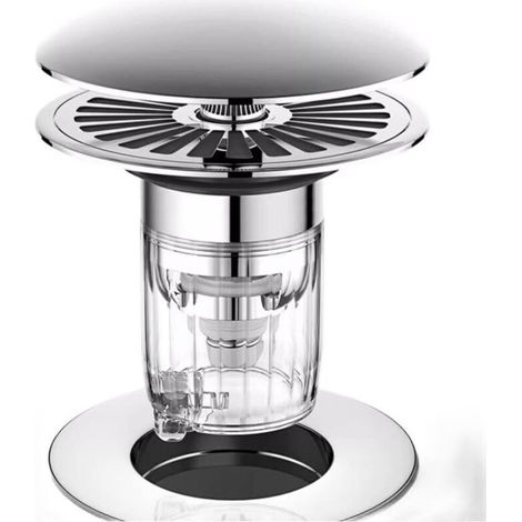 Bouchon de siphon de sol sous pression pour tuyaux de 33 x 40 mm, équipé d'un joint étanche et d'un filtre à mailles intégré pour retenir les débris.
