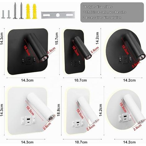 LED Reading Lamp Wall Lamp USB Type - C Dual Adjustable Charging Mouth Switch 12W Spotlight LED 3000k Wall Lamp Aluminum Bed Swivel Light Square White (1/4)