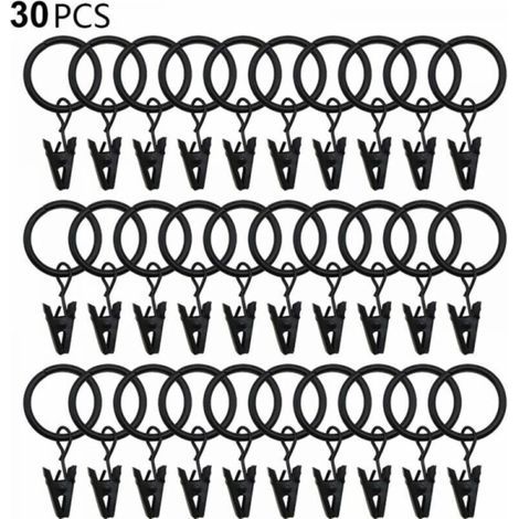 30 Gardinenringe mit Clips, stabile Gardinenclips, Haken an der Spannstangenhalterung, Metallösen mit Innendurchmesser, dekorative Gardinenaufhänger, schwarz (1/5)